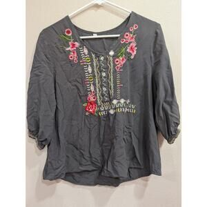 Grey peasant style embroidered blouse no tag size M